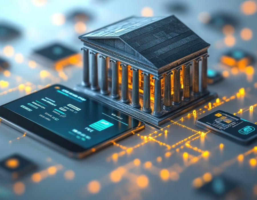 An imaginative visualization of a mobile banking app with animated icons representing transactions and services, floating against a clean white background. --ar 16:9 --style raw --stylize 750 --v 6.1 Job ID: db786c40-782e-44a9-8968-c3c163d948b1