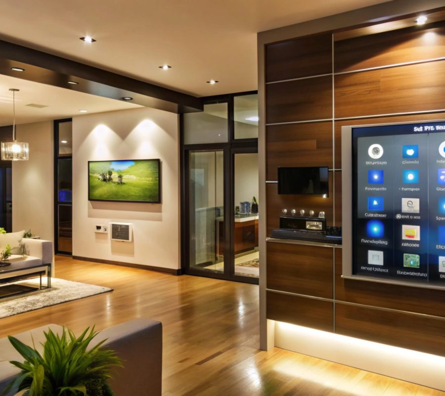 Modern living room with smart home technology.